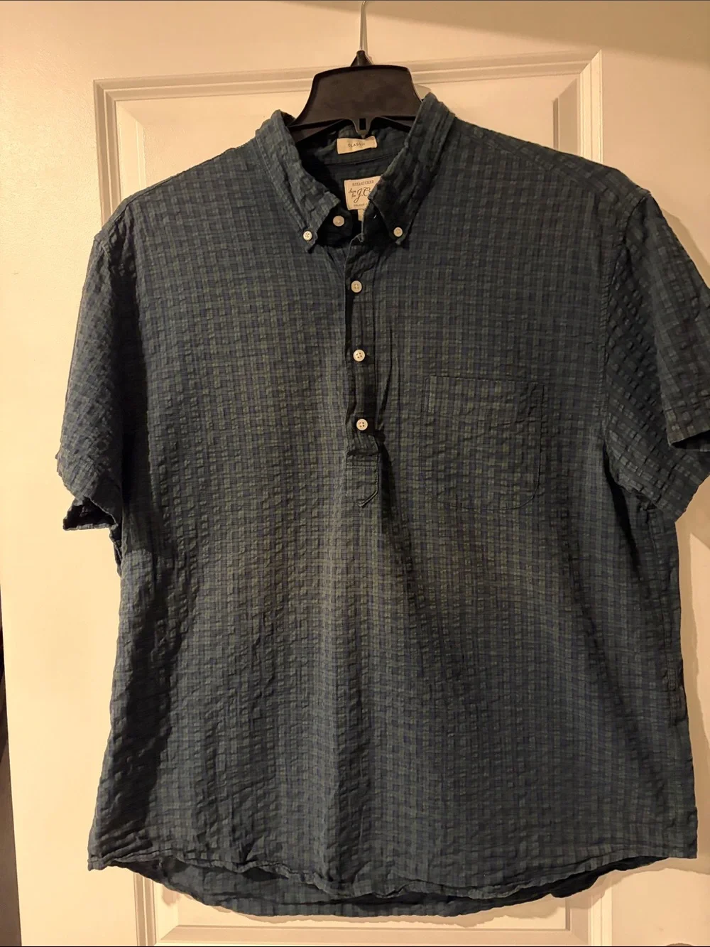 J. Crew Short-Sleeve Seersucker Pop-Over Shirt in Blue/Green Check